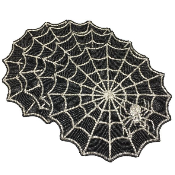 x4 Nicole Miller Halloween Silver Spider Beaded Placemat Set Spiderweb Black 15" - Picture 1 of 8